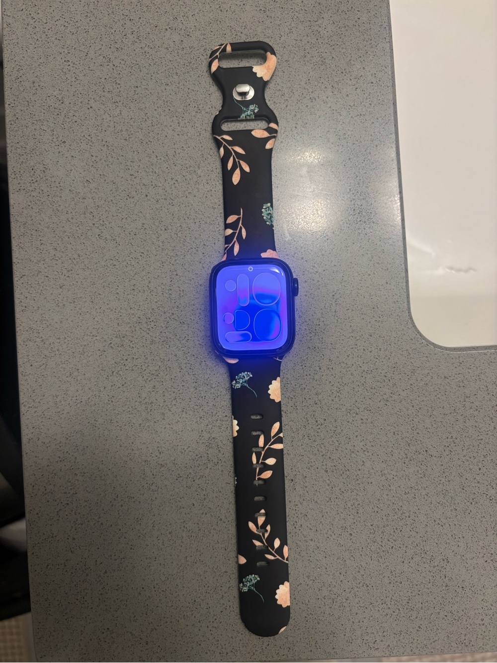 Apple Black Silicone Smartwatch Band with Pink Floral and Green Leaf Accents